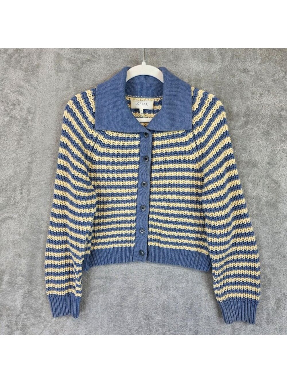 The Great. Cardigan Sweater Womens 2 Blue Stripe Button Collared Chunky Knit